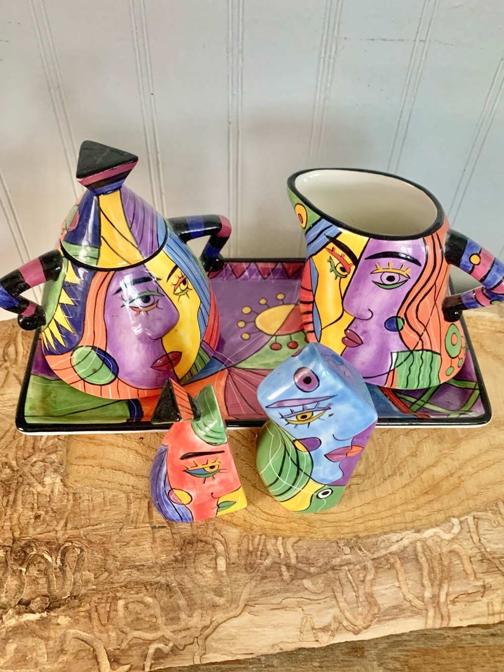 Muzeum Picasso Style ceramic Pottery - Creamer Sugar Bowl Tray Shakers Set